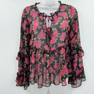 American Eagle Dark Floral Babydoll Sheer Top XS Black Pink Ruffle Boho Peasant